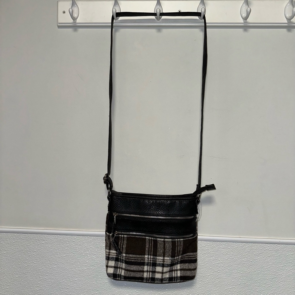 Black,White,Brown plaid crossbody bag with a zipper pocket inside zipper pocket - Picture 4 of 6